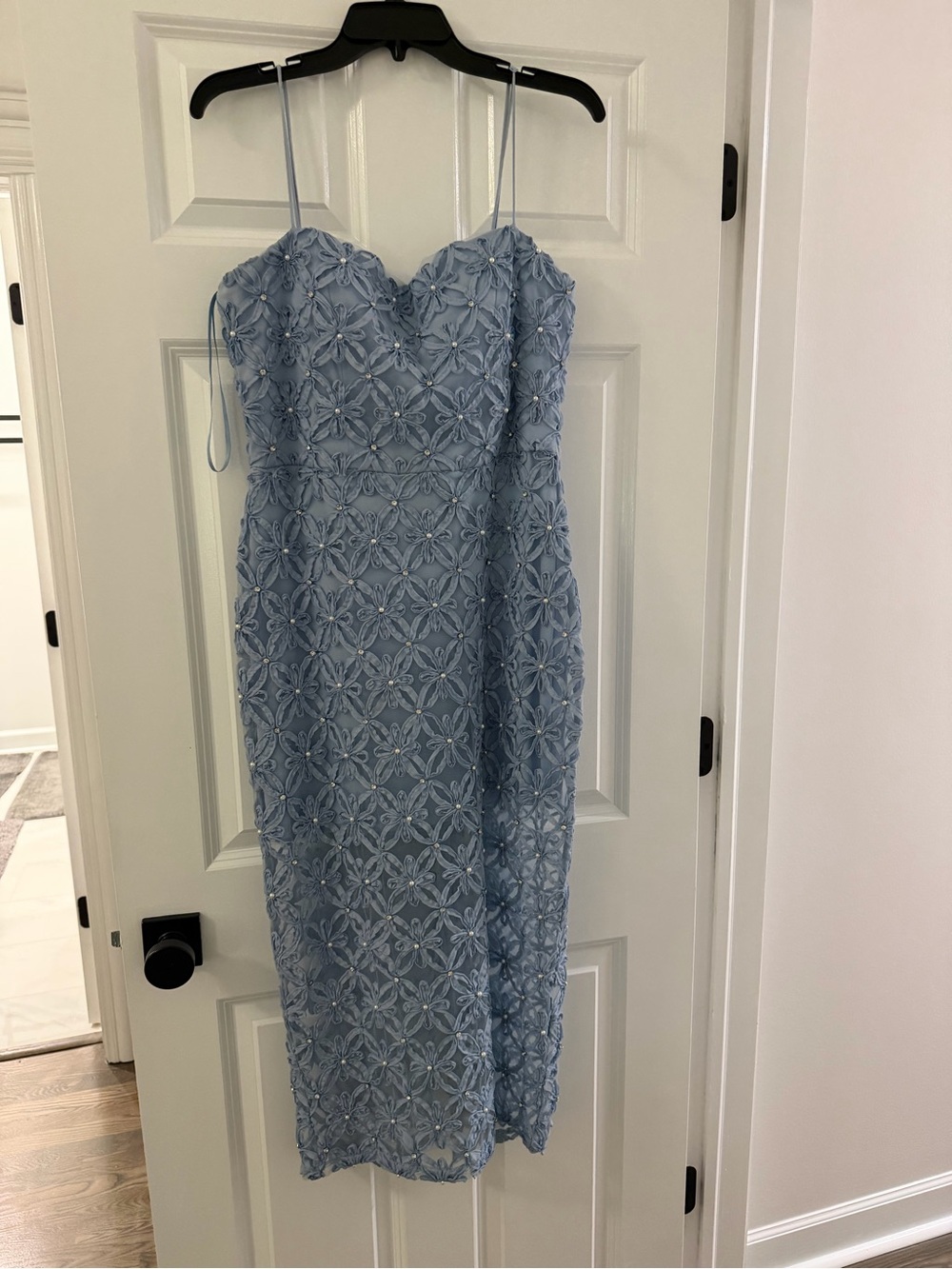 Light Blue Lace Midi Dress with Spaghetti Straps
